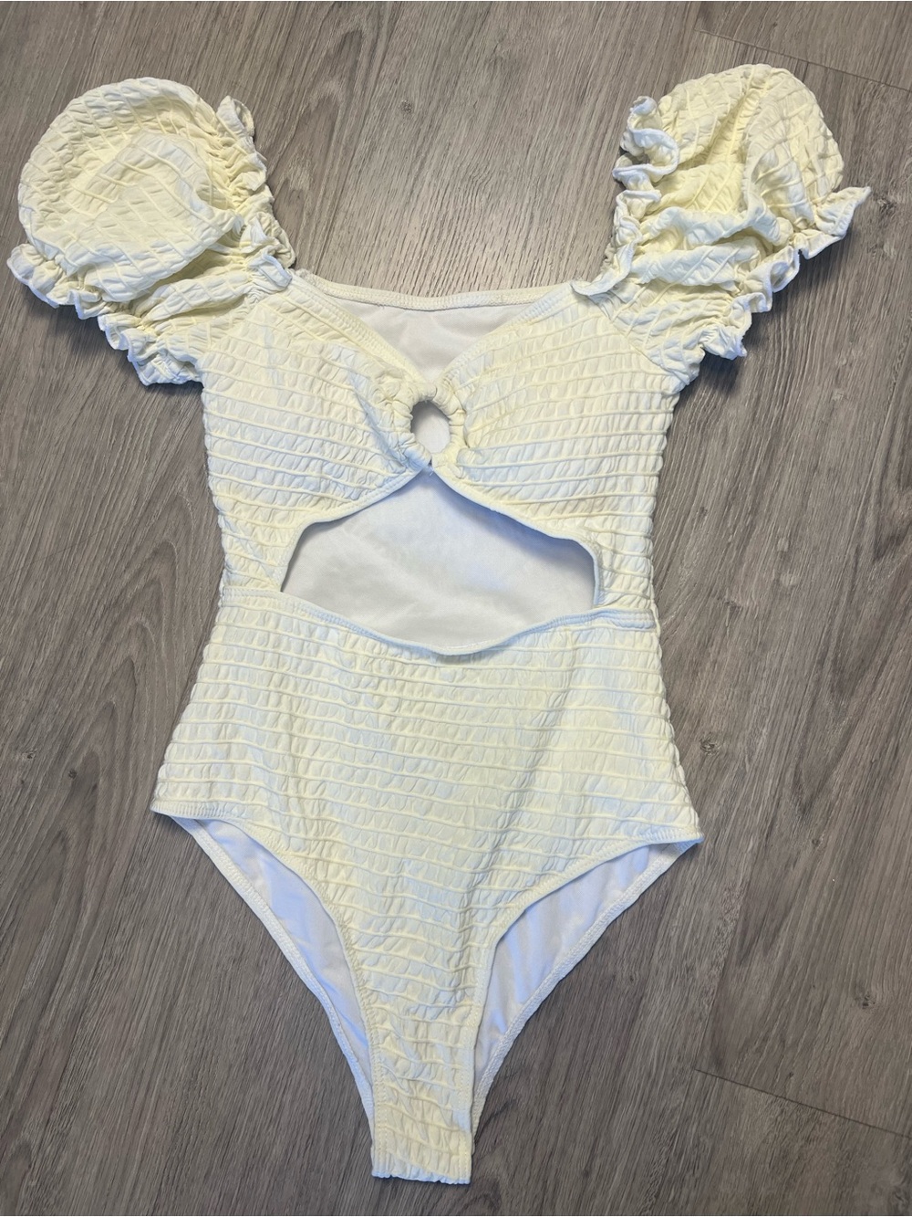 Cream Textured Puff-Sleeve Cutout Bodysuit